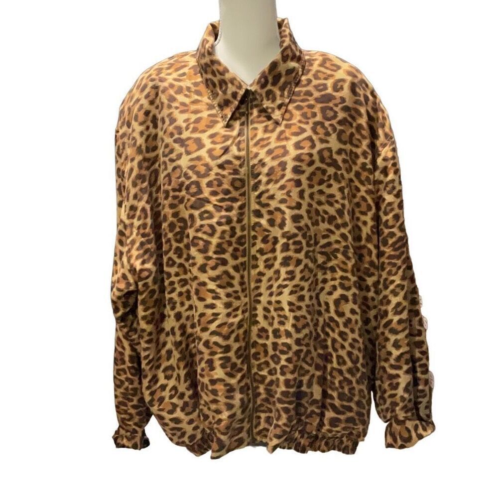 Fern Bratten Vtg Full Zip Collared Silk Shirt Jacket Leopard Animal Print 3X